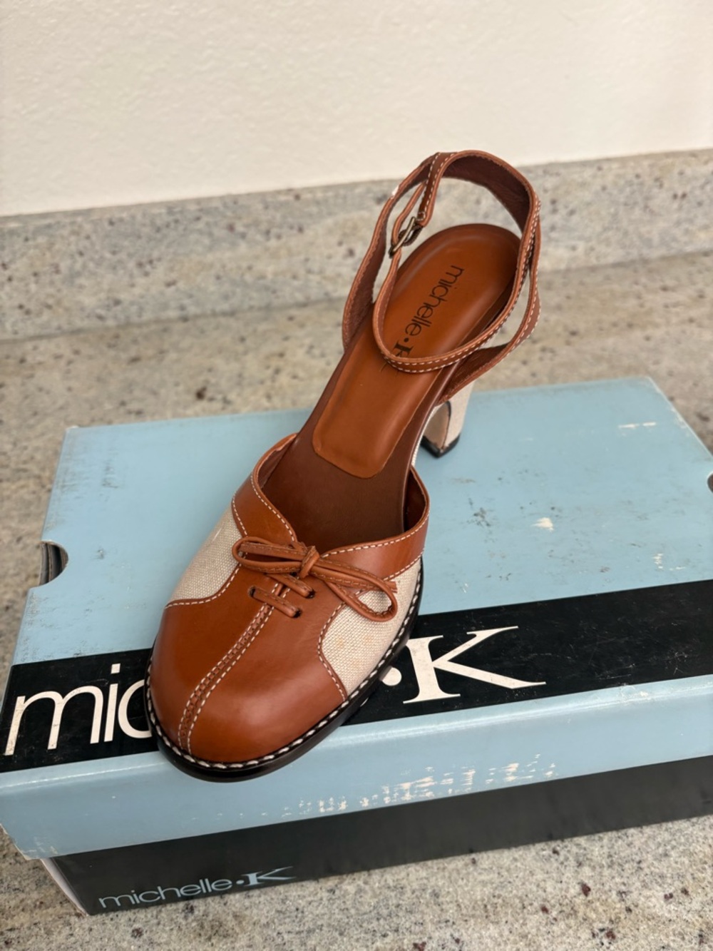 Michelle K Tan Leather & Cream Canvas Slingback Heel